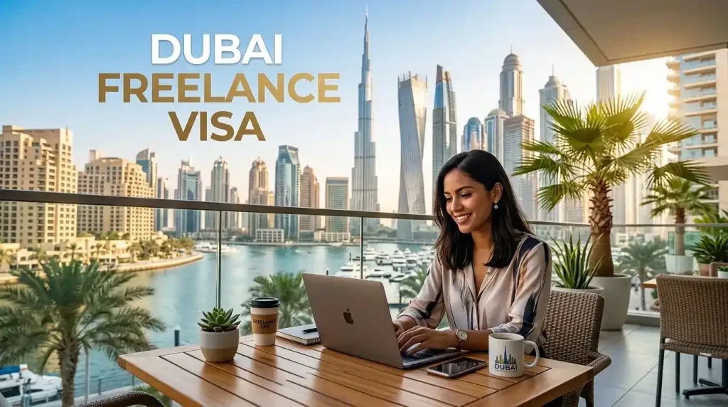 dubai-freelance-visa-woman-working-laptop-marina-background