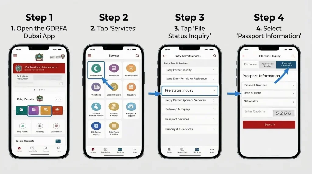 gdrfa-app-steps-open-app-tap-services-file-status-inquiry-select-passport-information-to-check-visa-status