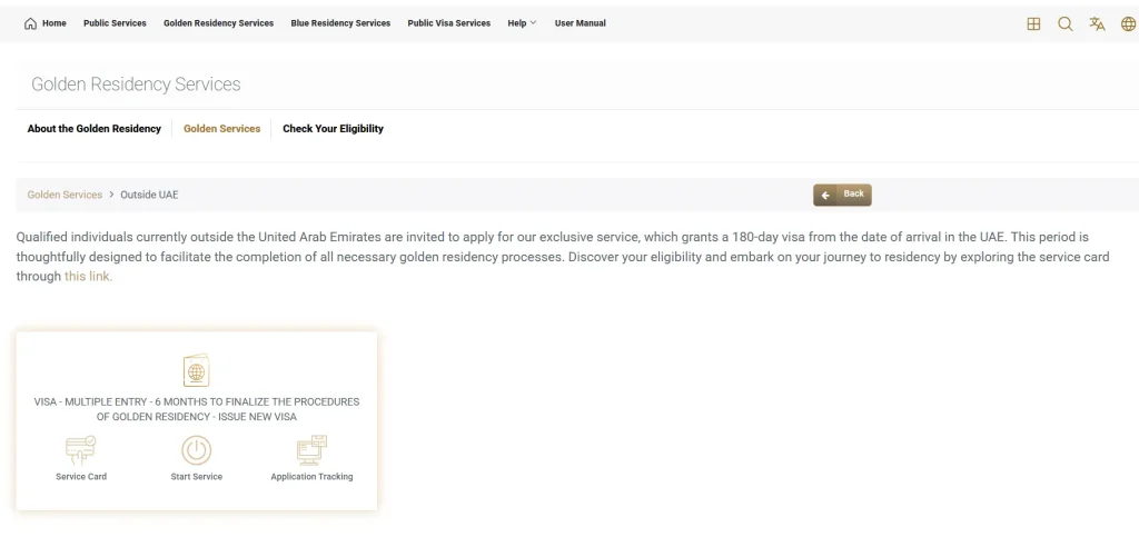 golden-residency-services-page-showing-outside-uae-visa-application-option-for-multiple-entry-and-application-tracking-services