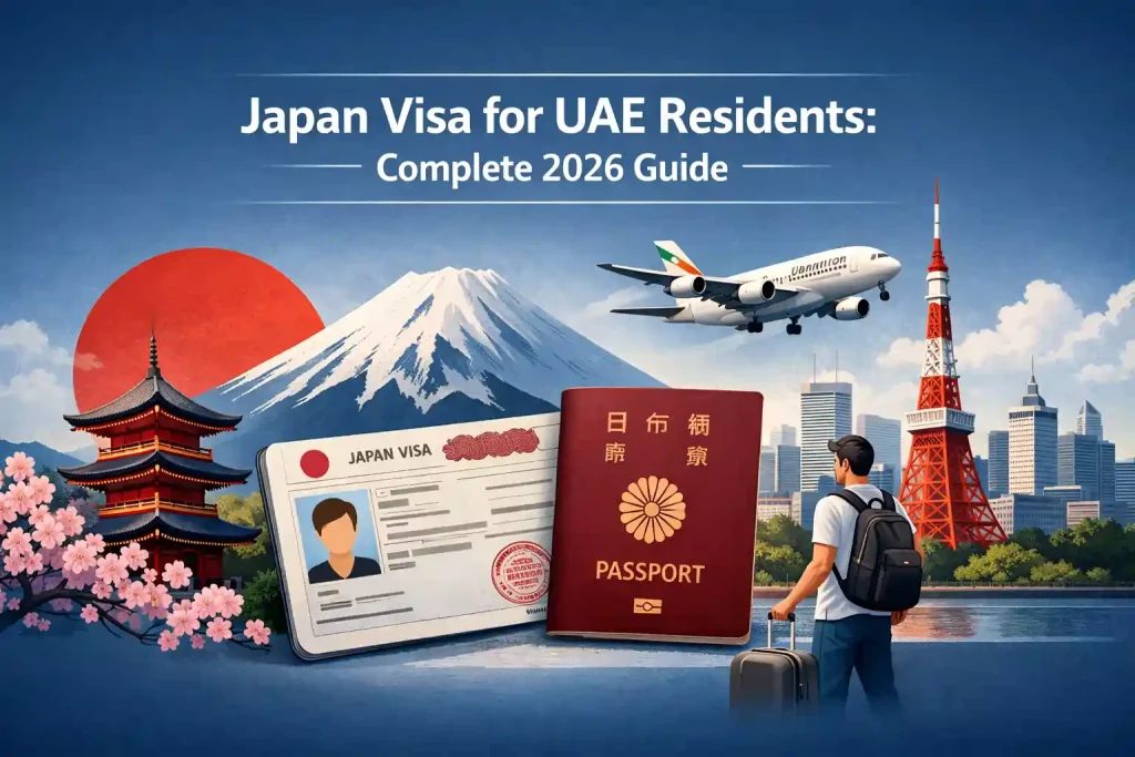 japan-visa-for-uae-residents-2026-guide-passport-visa-plane-mount-fuji-tokyo-landmarks-illustration