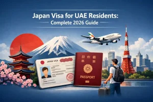 japan-visa-for-uae-residents-2026-guide-passport-visa-plane-mount-fuji-tokyo-landmarks-illustration