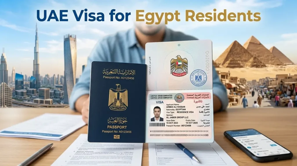 UAE-Visa-for-Egypt-Residents-passport-and-residence-visa-with-Dubai-skyline-and-Giza-pyramids-in-background.