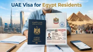 UAE-Visa-for-Egypt-Residents-passport-and-residence-visa-with-Dubai-skyline-and-Giza-pyramids-in-background.