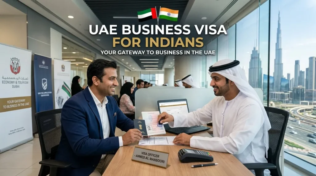 UAE-Business-Visa-for-Indians-your-gateway-to-business-in-the-UAE-Visa-officer-Ahmed-Al-Mansoori-handing-over-passport-to-Indian-businessman-with-Dubai-skyline-in-background.