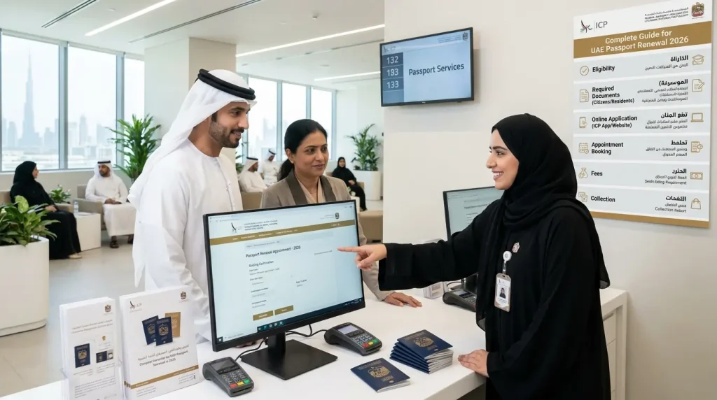 uae-passport-renewal-service-center-staff-assisting-customers-at-counter-with-application-screen-and-documents