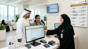 uae-passport-renewal-service-center-staff-assisting-customers-at-counter-with-application-screen-and-documents