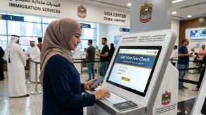 UAE-Visa-Fine-Check-woman-using-self-service-kiosk-at-Dubai-airport-to-check-visa-fines-with-passport-in-hand.