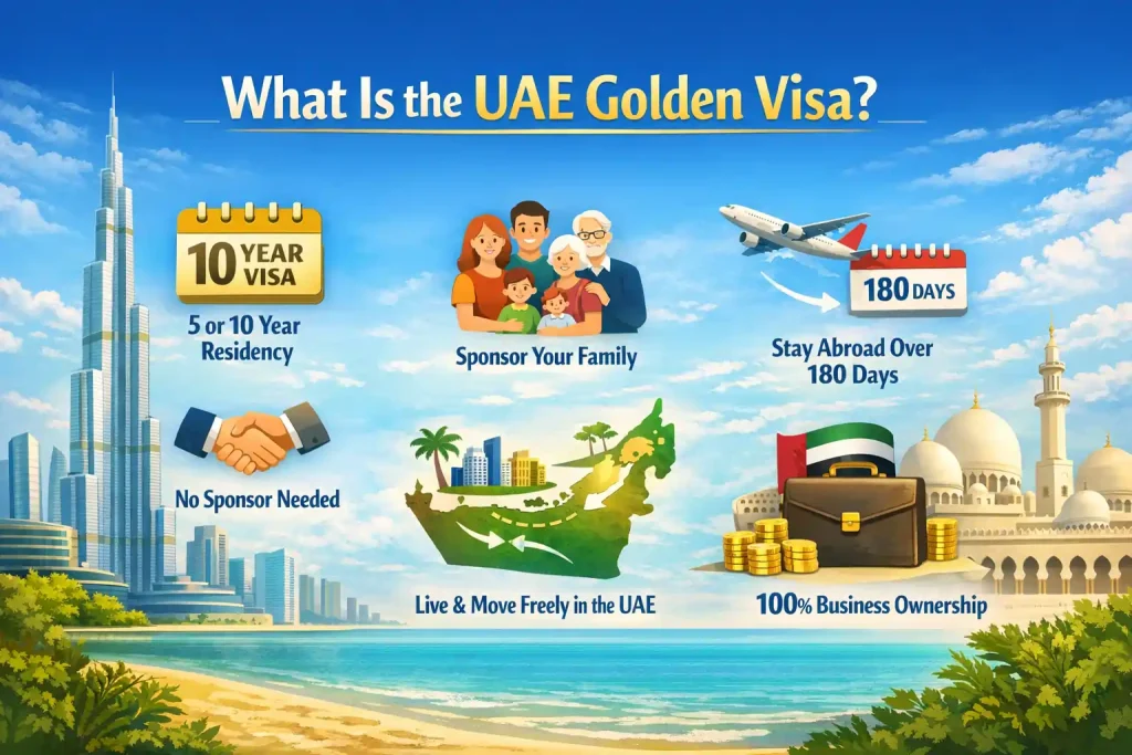uae-golden-visa-benefits-showing-long-term-residency-family-sponsorship-no-sponsor-business-ownership-and-flexible-travel-options