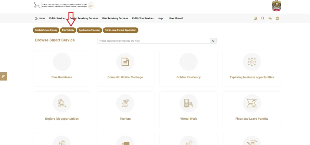 icp-smart-services-page-showing-file-validity-option-highlighted-for-checking-uae-visa-or-residency-status-and-application-details