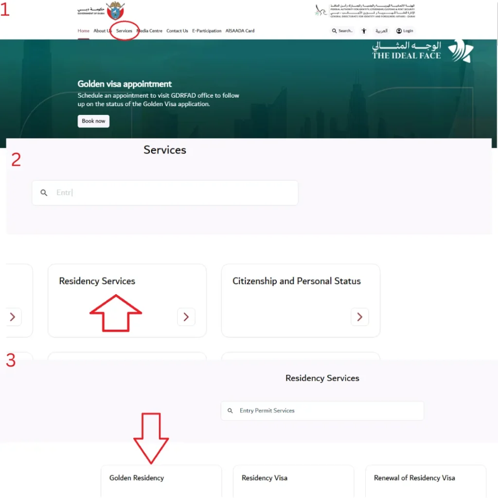 gdfra-services-navigation-showing-steps-to-open-residency-services-and-access-golden-residency-options-for-uae-visa-and-permit-services