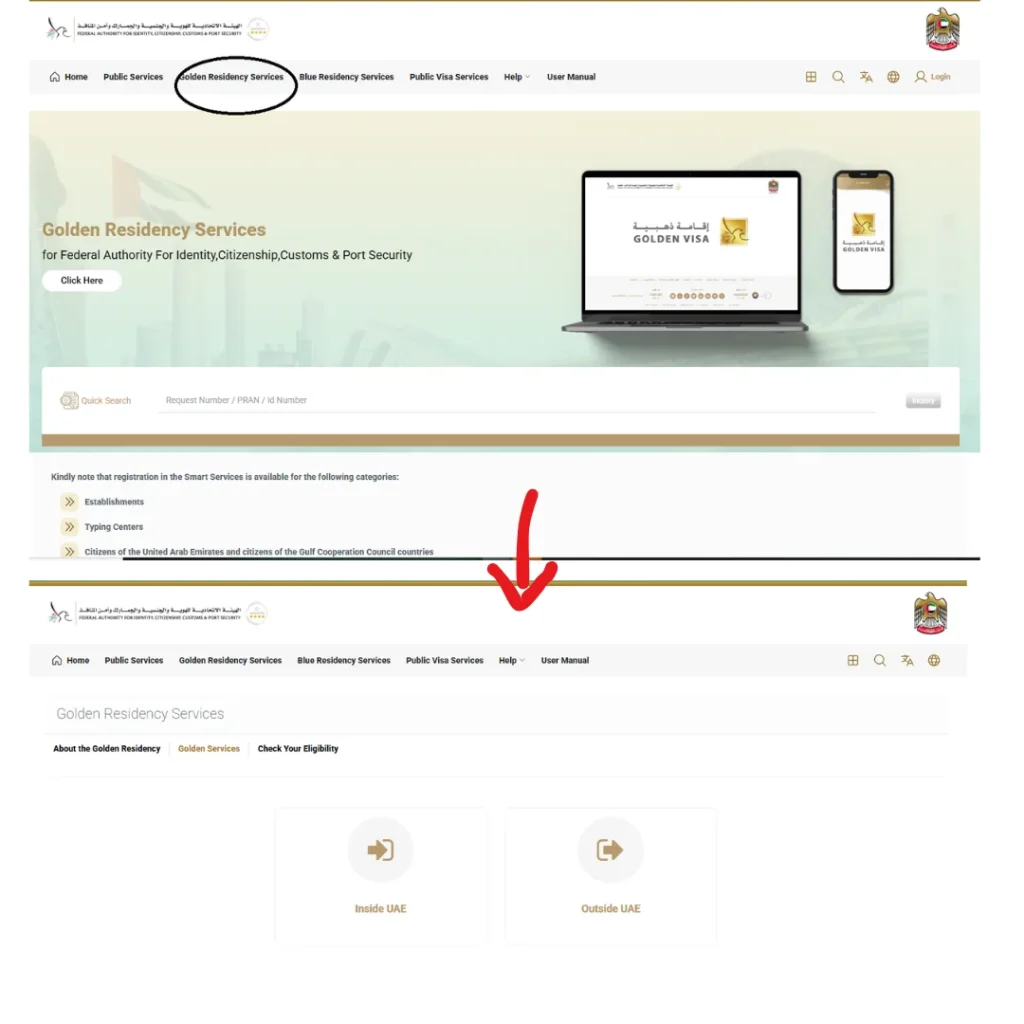 icp-website-click-golden-residency-services-then-navigate-to-inside-or-outside-uae-options-for-golden-visa-services