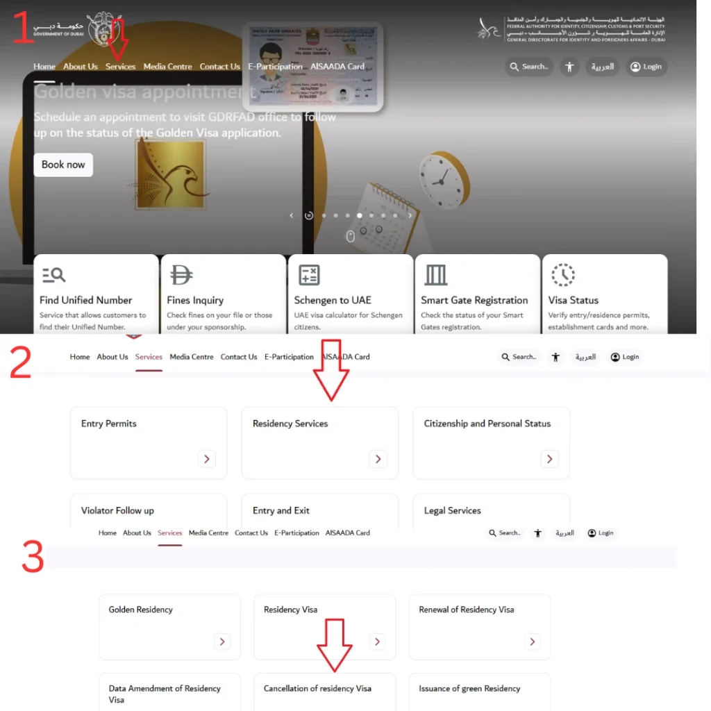 uae-gdrfa-website-steps-showing-navigation-to-residency-services-and-visa-cancellation-process-guide