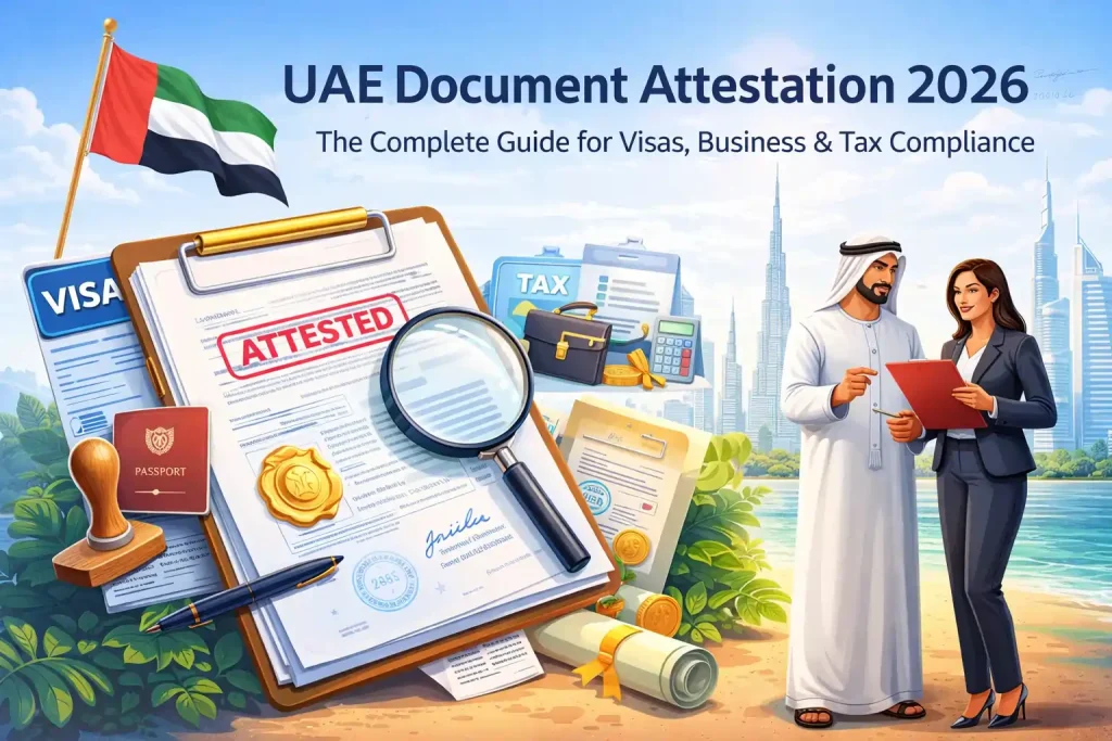 UAE-Document-Attestation-2026-promotional-guide-Visas-Business-Tax-Compliance-UAE-flag-attested-documents-stamp-magnifying-glass-Dubai-skyline-professionals-examining-documents
