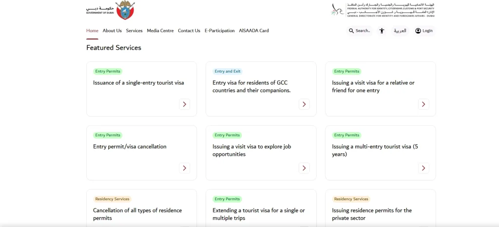 website-home-section-displaying-featured-services-including-entry-permits-visa-services-and-residency-options