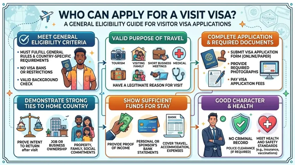 visit-visa-eligibility-infographic-showing-who can apply-requirements-travel-purpose-documents-funds-home-ties-and-health-criteria