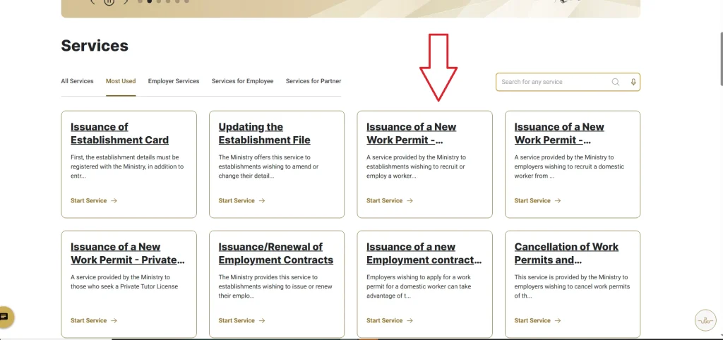 uae-services-portal-most-used-section-showing-issuance-new-work-permit-and-employment-services-options-highlighted